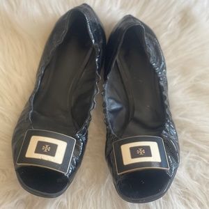 Tory Burch Square Open Toe Patent Leather Black Flat